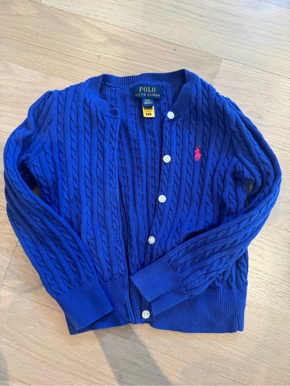 Polo by Ralph Lauren Girls' Bright Royal Blue Cable Knit Cardigan with Pink Pony
